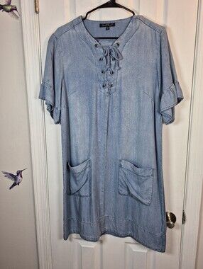 Velvet Heart Tencel Chambray Lace Up Neckline Y2K Shirt Dress Blue M